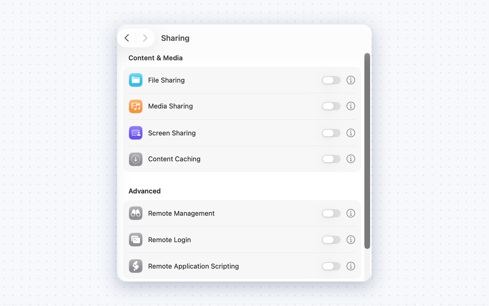 The Sharing page in System Settings, with Screen Sharing, Remote Management and Remote Login off