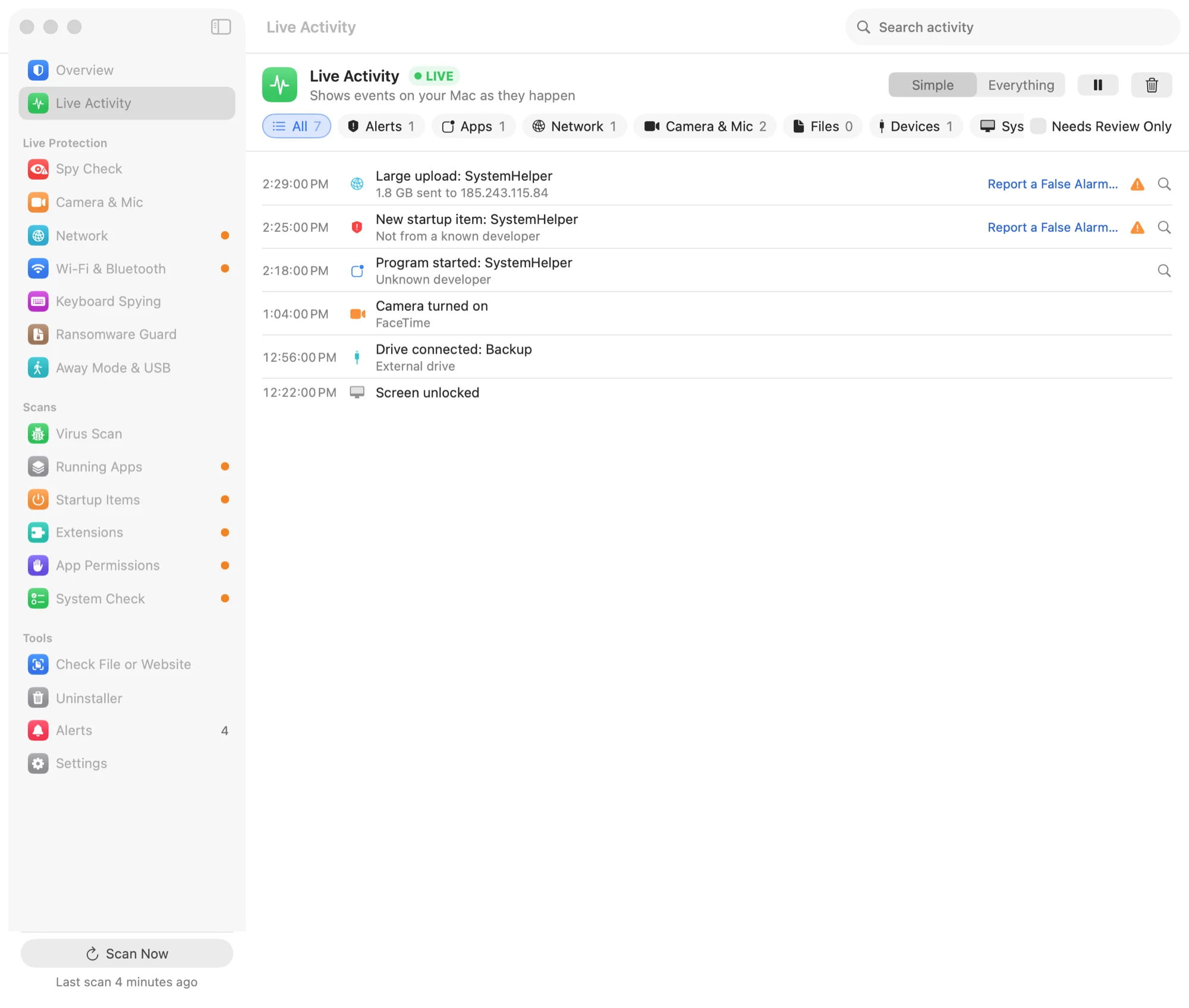 Live Activity listing recent events, with a Report a False Alarm link beside each alert.