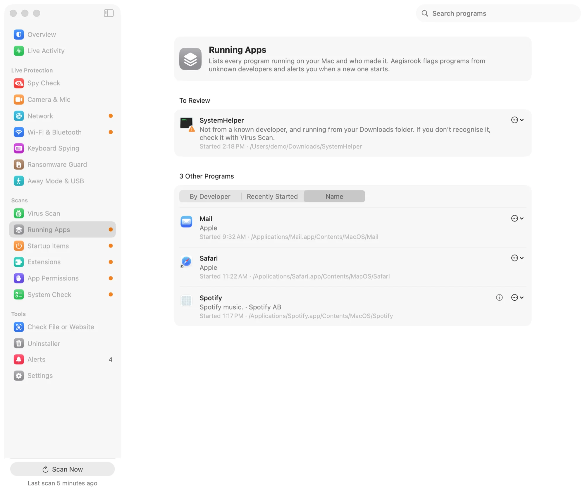 Running Apps: a program from an unknown developer listed to review, and the other programs grouped by who made them.