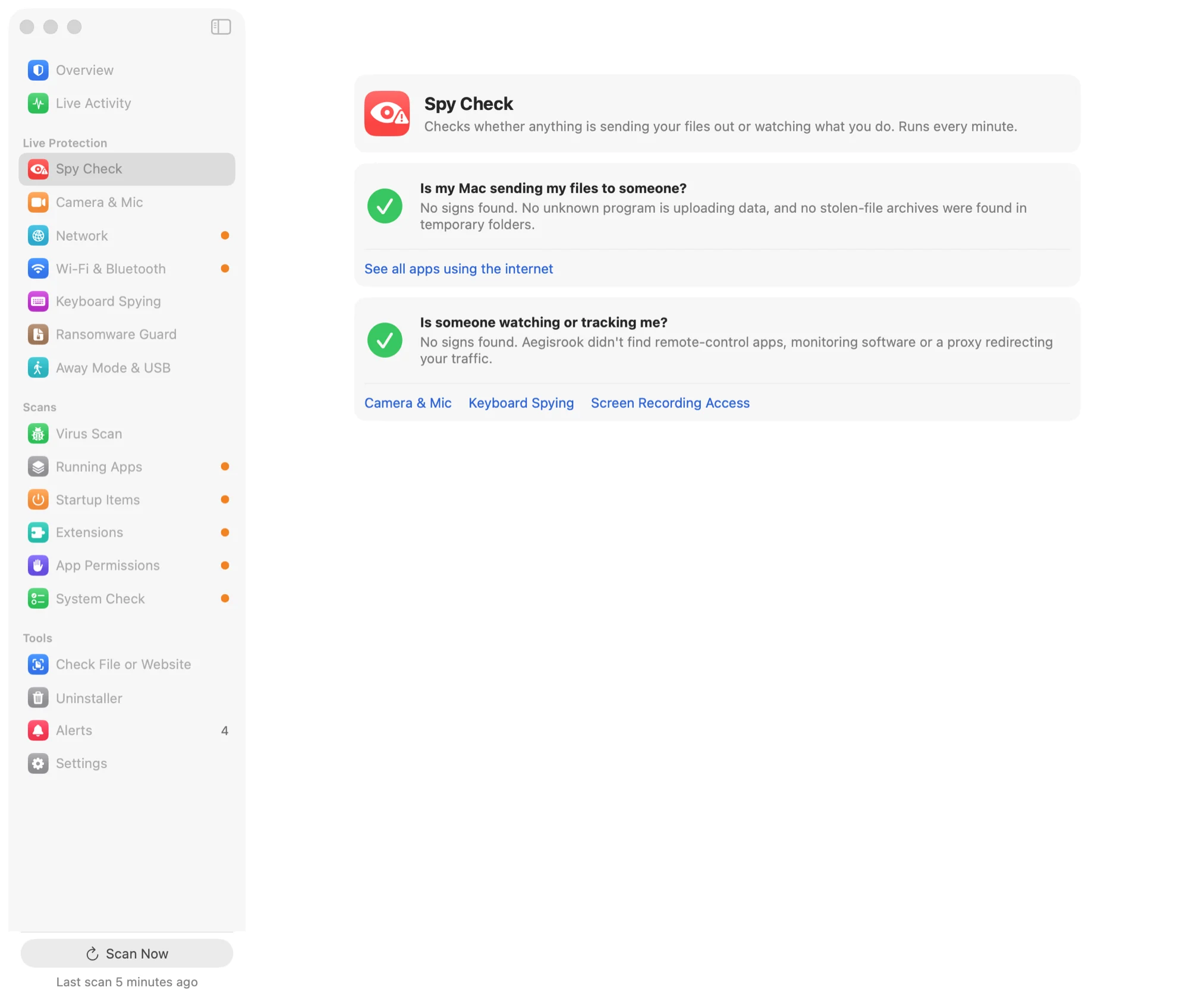 Spy Check: whether files are leaving the Mac, whether anything can watch the screen or keyboard, and whether traffic is being redirected.